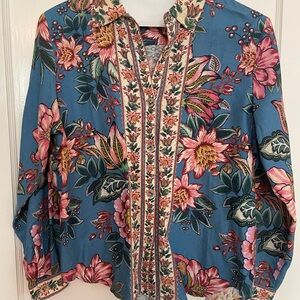 Farm Rio Linen Floral Blue and Pink Blouse
